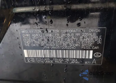 2007 Lexus Es 350 z USA, uszkodzony, nr VIN JTHBJ46G572052240